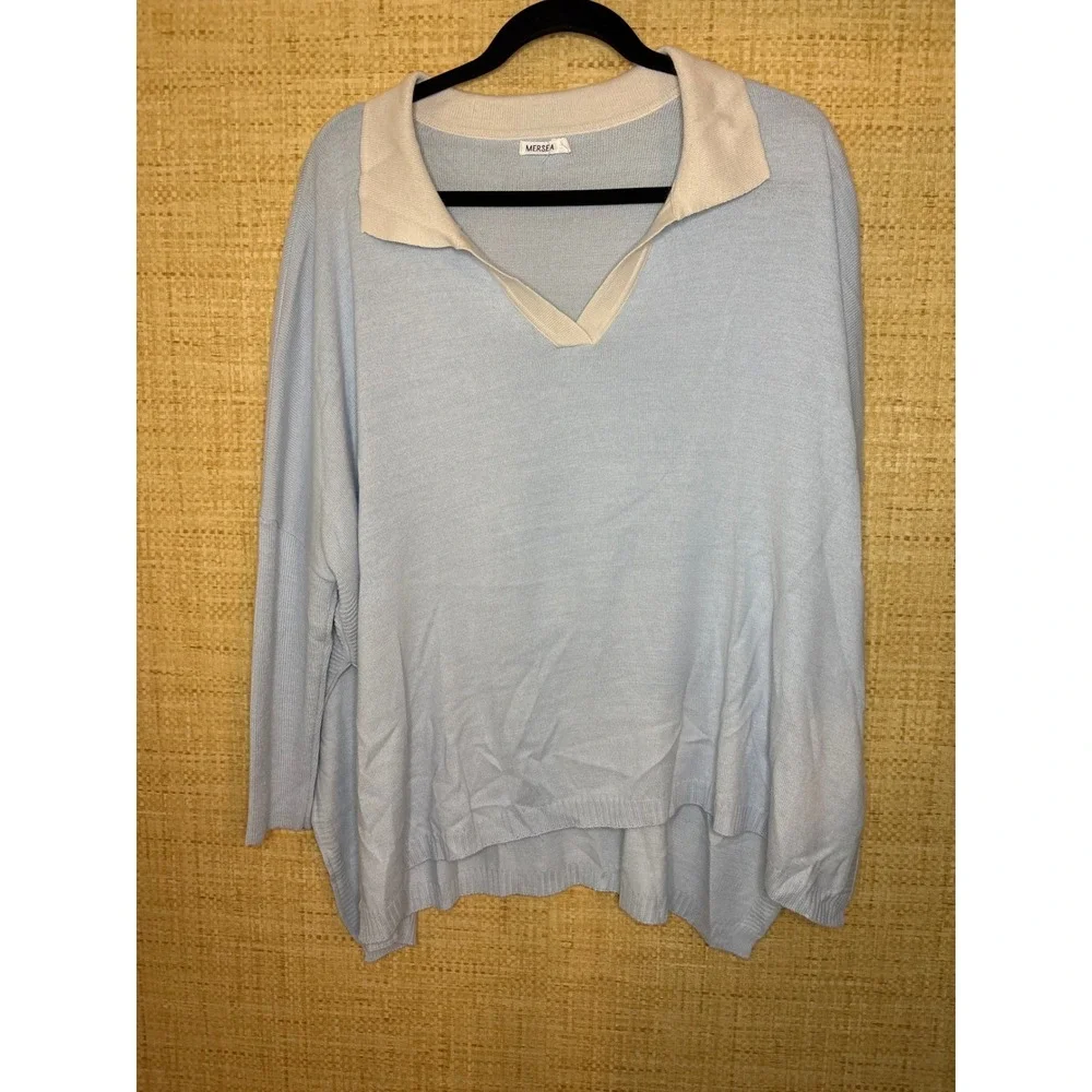Mersea OS Catalina Light Blue Polo V-Neck Oversized Lightweight Knit Sweater